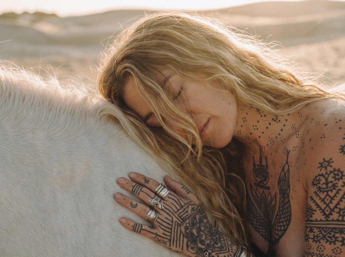 Simona resting beside a white horse